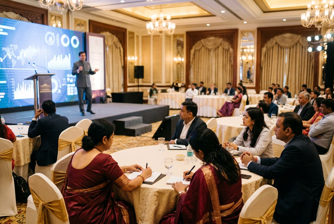 Corporate conference at a luxury Indian resort ballroom