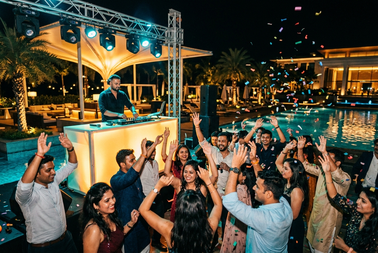 Corporate DJ night party at a resort poolside
