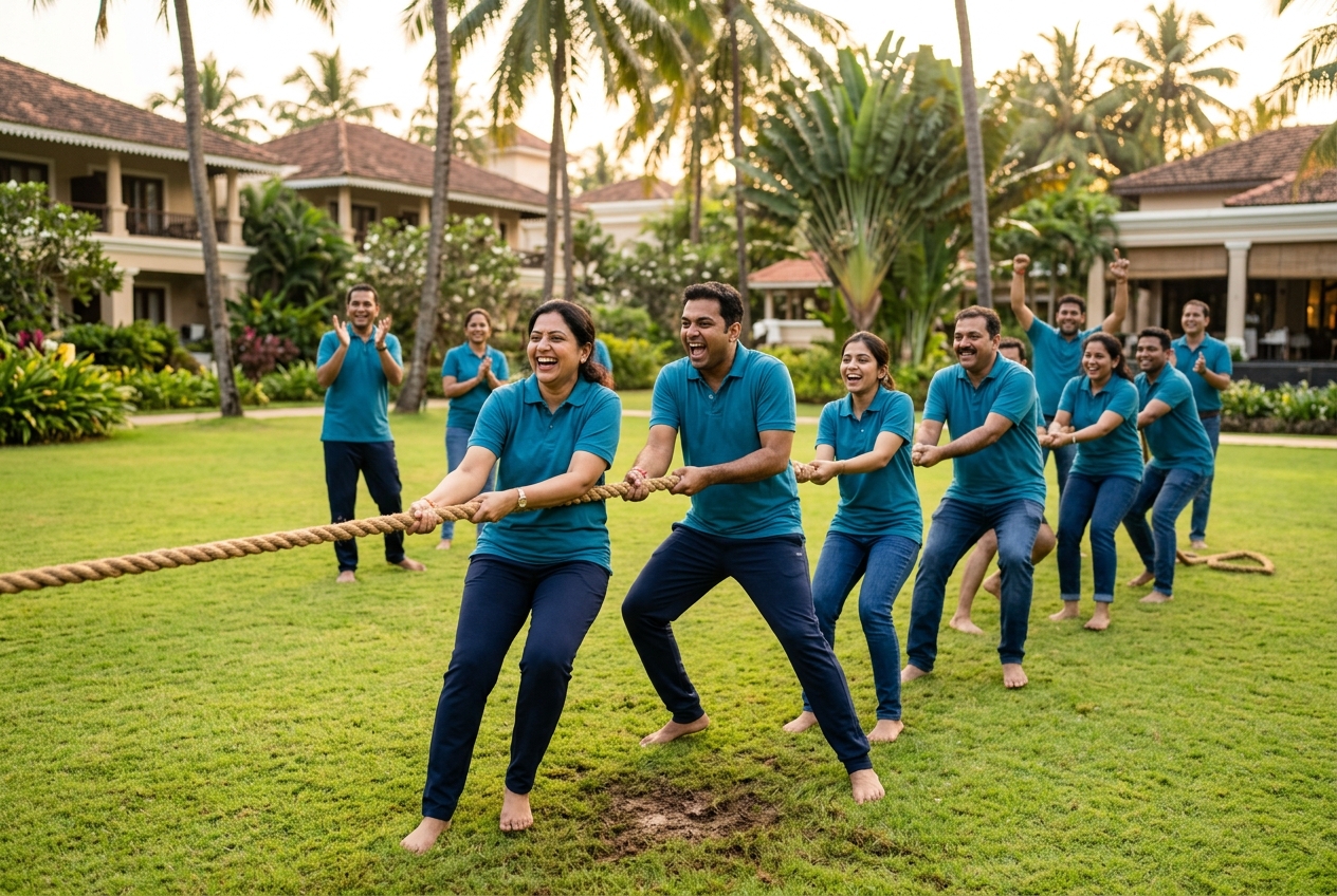 Team bonding tug-of-war game on a resort lawn